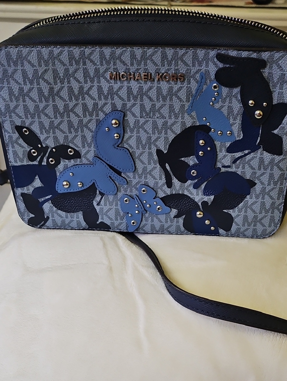 Michael Kors Blue Butterfly Crossbody Bag.  Offers Accepted